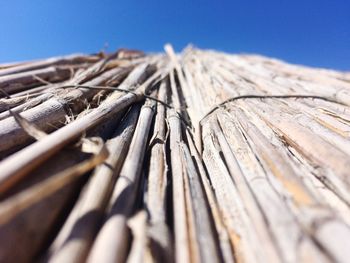 Low angle view of wood against clear sky