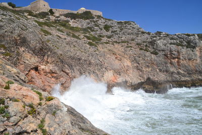 Scenic view of waterfall against clear sky