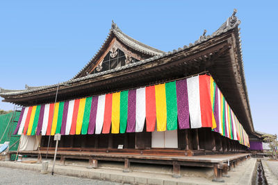 Low angle view of building against clear blue sky