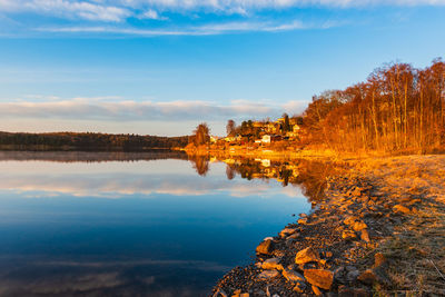 Scenic view of lake against sky during sunset