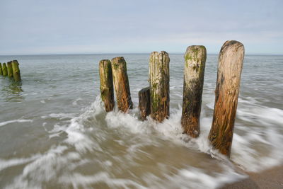 Wooden posts in sea against sky