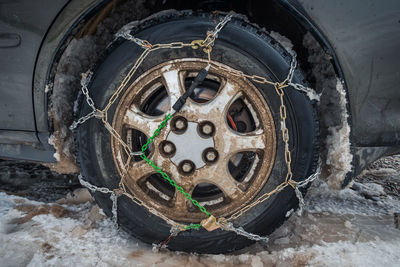 Close-up snow chains of car