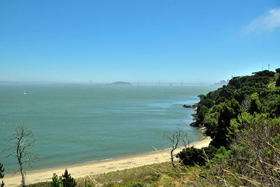 Scenic view of sea against clear blue sky