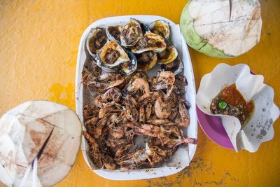 High angle view of breakfast served on table