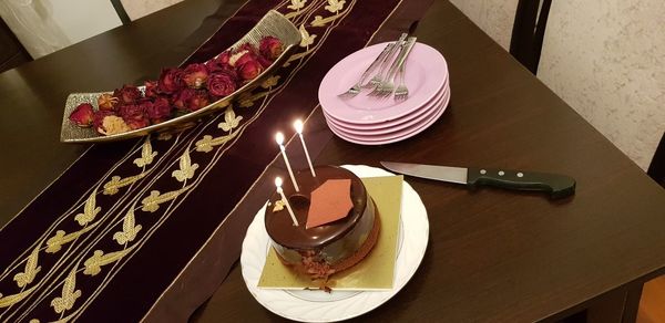 High angle view of cake on table