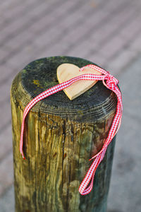 Close-up of hat standing on wood