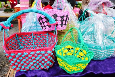 High angle view of multi colored for sale at market stall