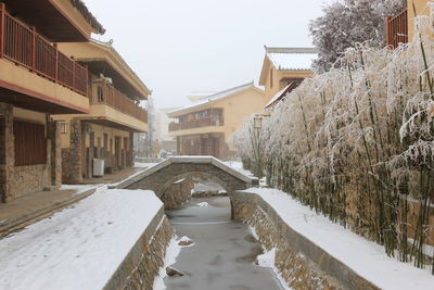 Frozen canal amidst building