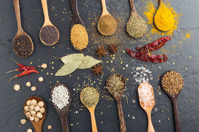 Close-up of various spices in wooden spoons on table
