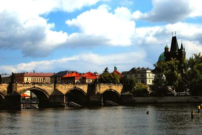 Bridge over river against buildings in city