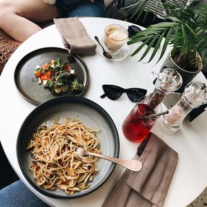 High angle view of food served on table