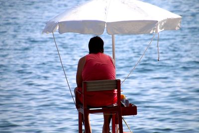 Rear view of man sitting on chair at beach
