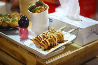 High angle view of food in plate on table