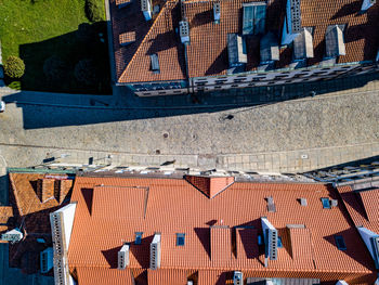 Aerial view of the red tiled roofs of the old town of warsaw, poland