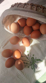 High angle view of eggs in container on table