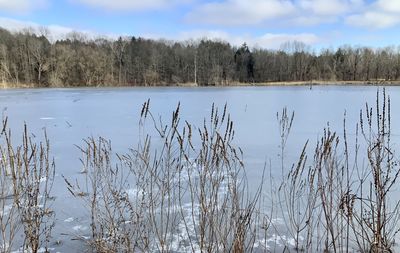 Scenic view of lake against sky during winter