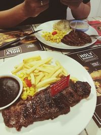 High angle view of food served on table