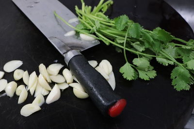 High angle view of chopped vegetables on cutting board