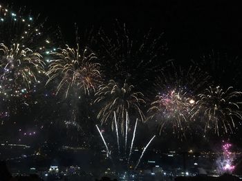 Low angle view of firework display at night