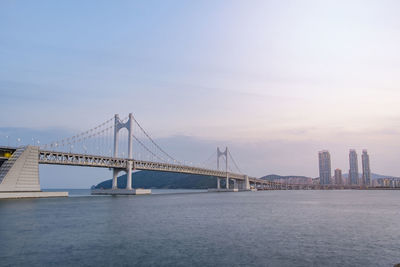 View of suspension bridge over river