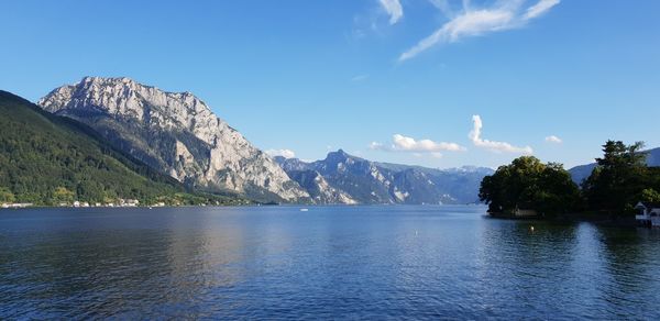 Scenic view of sea and mountains against sky