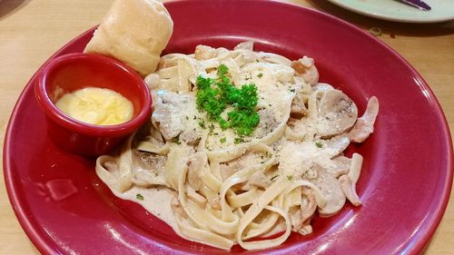 High angle view of food in plate on table