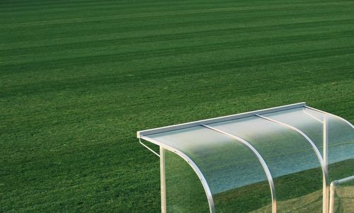 High angle view of soccer field