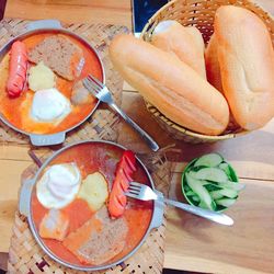 High angle view of breakfast on table