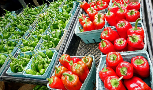 High angle view of red bell peppers in market