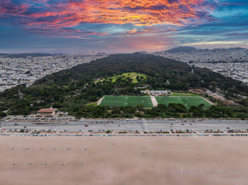 High angle view of townscape against sky during sunset