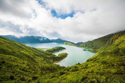 Scenic view of lake and mountains against sky