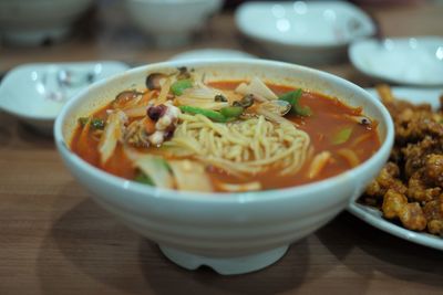 Close-up of soup in bowl on table