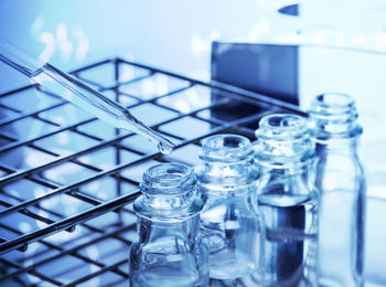 Close-up of laboratory glassware on table