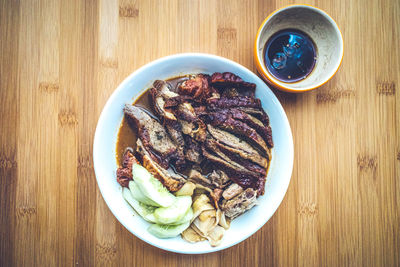 High angle view of breakfast served on table