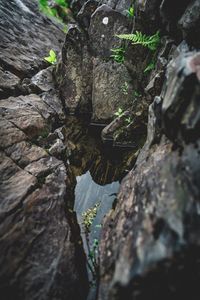 High angle view of water amidst rock formation