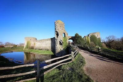 Low angle view of historical building against clear blue sky