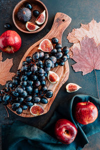 High angle view of fruits in bowl on table