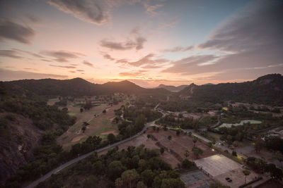 High angle view of landscape against sky during sunset