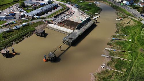 High angle view of boats moored in lake