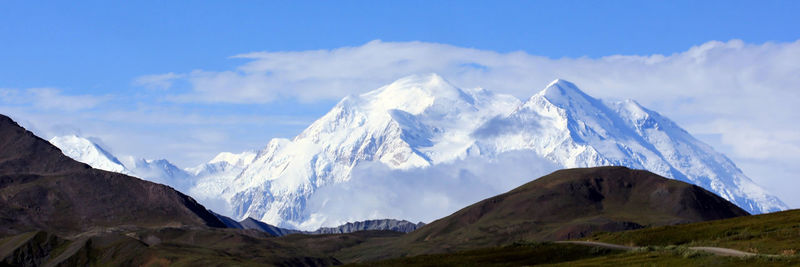 Panoramic view of snowcapped mountains against sky