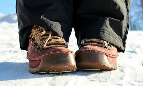 Low section of person wearing shoes on snow