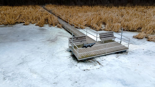 Ice and snow melt and crack as spring approach's at this observation platform.