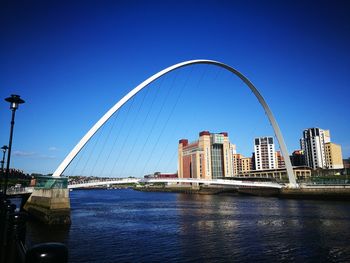 Bridge over river by city against clear blue sky