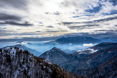 Scenic view of snowcapped mountains against sky