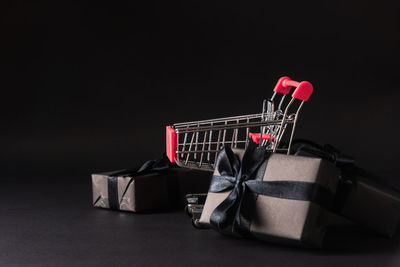 Close-up of toys against black background