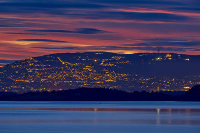 Scenic dramatic stripes of colour over the lights of the city of oslo and the sea during sunset