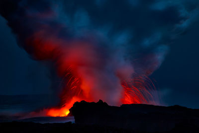 Smoke emitting from volcanic mountain at night