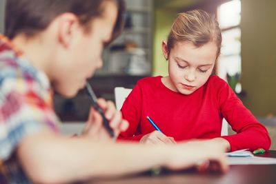 Siblings studying while sitting on chair at home