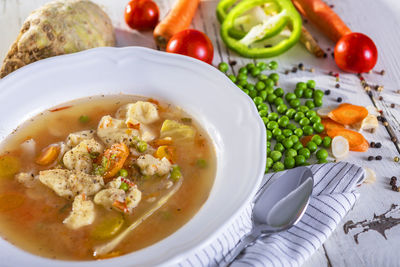 High angle view of soup in bowl on table