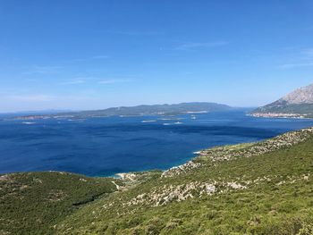 High angle view of sea against blue sky